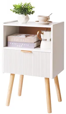 Nachtkastje mit Schublade, modern, massiv Holzbeine, Weiß