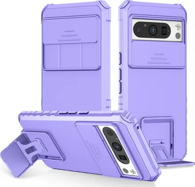 Produktbild von Dual Layer Hülle für Google Pixel 8 Pro Stossfest Robust Ständer Schutzhülle mit Schiebe Kamera Schutz Lila