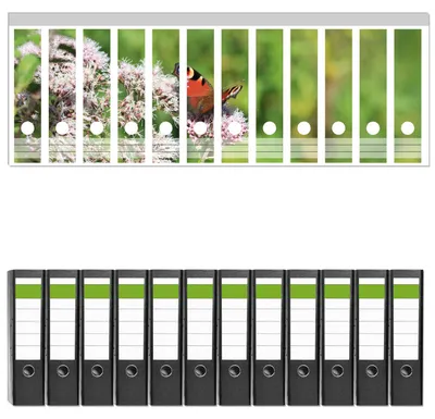 Produktbild von Wallario 12 Stück breite Ordner inkl. Klebeetiketten mit Motive Schmetterling auf Blüte -  Set mit Rückenschildern / Ordnerrücken Stickern