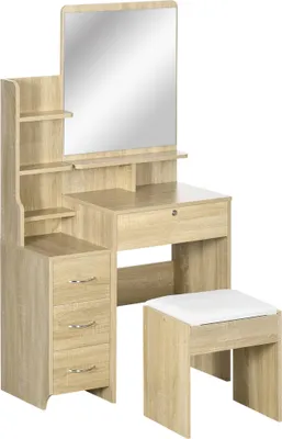 Image de HOMCOM Ensemble de coiffeuse table de maquillage avec tabouret rembourré grand miroir + plusieurs étagères ouvertes + 4 tiroirs bois naturel