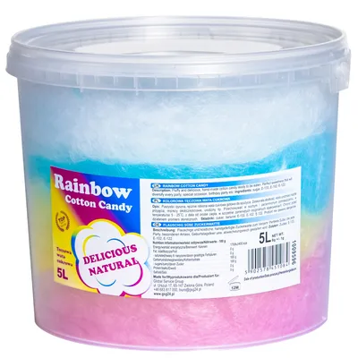 A large plastic tub filled with rainbow-colored cotton candy.