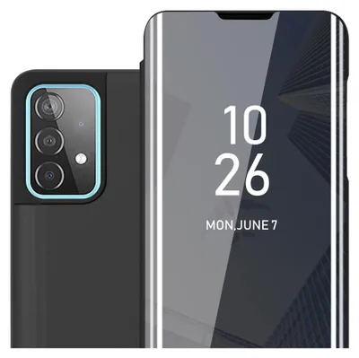 A close-up of a smartphone with a flip case, showing the camera array on the back and the time and date displayed on the screen.