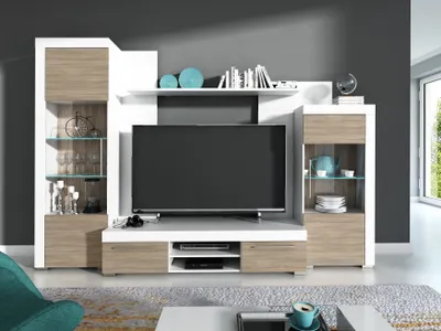 Produktbild von Wohnwand Wohnzimmer Set AVIO 4 tlg. Vitrine Wandboard TV Lowboard Liberty braun grau hell Holz