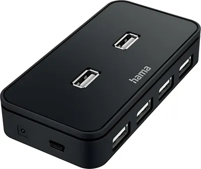 A black USB hub with multiple ports is shown on a white background.
