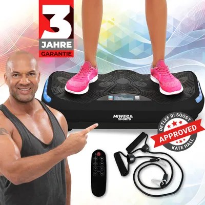 A man points to a vibration plate with a person standing on it, along with accessories.