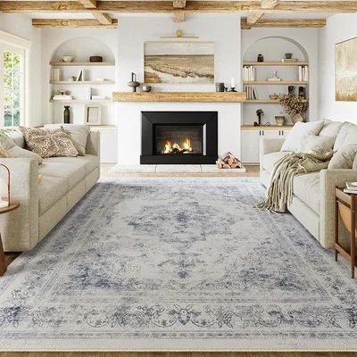 Produktbild von Retro-Teppich für Wohnzimmer, blau, waschbar, 240x300cm, groß, antislip, kurze Polsterung.
