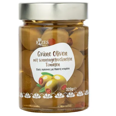 Produktbild von Rizes Greece Grüne Oliven mit sonnengetr. Tomaten (320 ml)