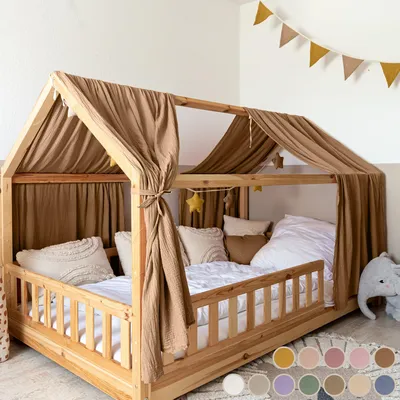 Produktbild von Hausbetthimmel Baumwoll Musselin Betthimmel Kinder Hausbett 2er Set