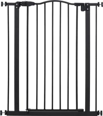 Obrázek produktu pro Bezpečnostní branka pro psy - Dveřní/stupňová branka - Nastavitelná 74-80 cm - 2 nástavce - Dvojité zamykání - Výška 94 cm - Nerezová ocel - Černá barva