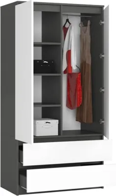 An open wardrobe with clothes hanging inside and drawers at the bottom.