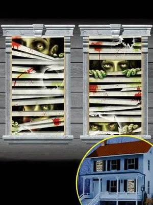 Produktbild von Zombie-Gesichter Halloween Fenster-Deko Set 2-teilig bunt 165x85cm -