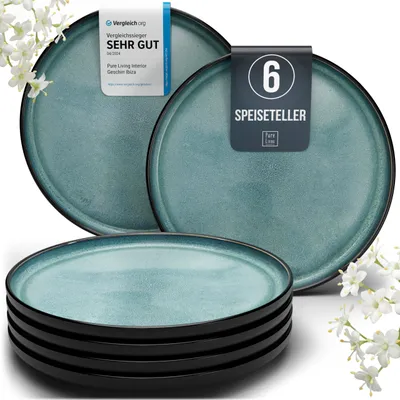 Produktbild von Steingut Teller groß 6 Pers. Ibiza Hochwertiges Mediterranes Speiseteller Set - Spülmaschinen-, Mikrowellen- und Kratzfest - Stylisches Teller Set