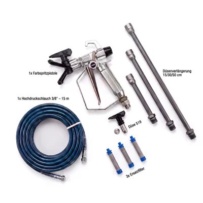 Produktbild von Profitape Airless Farbspritzpistole Set mit 15 m Hochdruckschlauch, Düse 519, KI-generiertes Bild