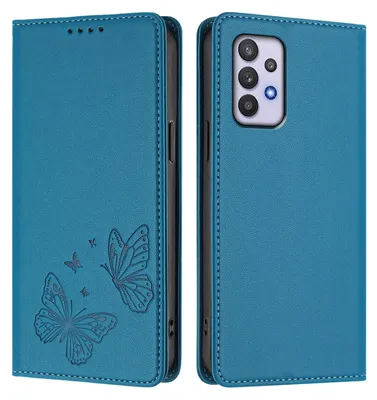 Produktbild von Lederhülle für Samsung Galaxy A32 5G, Schmetterling Prägung Leder Brieftasche Schutzhülle mit Ständer Blau