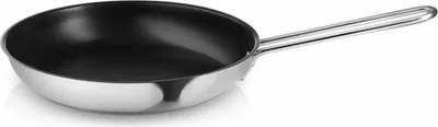 A stainless steel frying pan with a black non-stick interior and a silver handle, shown on a white background.