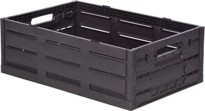 A dark folding plastic crate is shown from a diagonal front-facing angle against a white background.