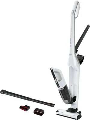 A white Bosch cordless vacuum cleaner with accessories is displayed against a white background.