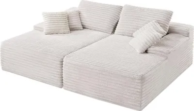 Produktbild von Doppel-Chaiselongue Sofa (210 cm) Übergröße - Cord-Zweiersofa mit tiefer Sitzfläche - Gemütliches Schlafsofa für 2 Personen mit weichen Kissen & Dekokissen - Beige Wohnzimmer und Schlafzimmermöbel