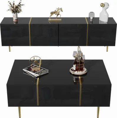 Imagen del producto de Conjunto de mueble de TV y mesa de centro Fortuna Lai, diseño moderno, acabado brillante
