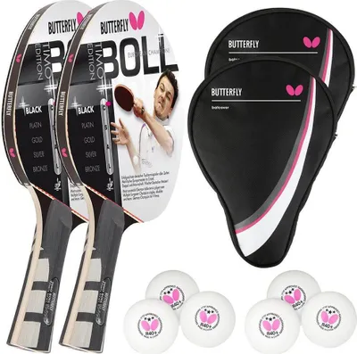 Produktbild von Butterfly 2 x Timo Boll Black 85030 Tischtennisschläger + 2x Tischtennishülle Drive Case + 6 x 40+ 3*** Bälle