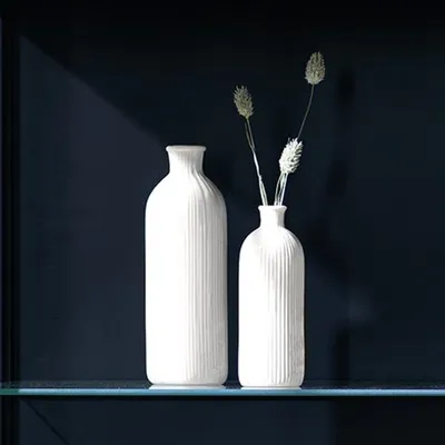 Produktbild von 2x Vase "Style" aus Porzellan, glänzend weiß, 15 + 20 cm hoch, Blumenvase, Vasenset in Flaschenform