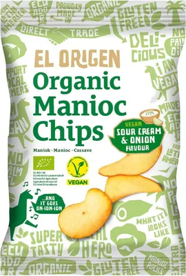 Zdjęcie produktu dla CHIPSY Z MANIOKU O SMAKU ŚMIETANKOWO - CEBULOWYM WEGAŃSKIE BEZGLUTENOWE60 g - EL ORIGEN