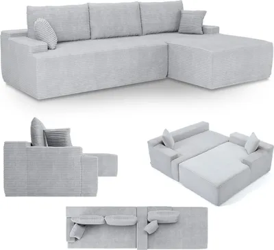Produktbild von Juskys Sofa Coredo - Hellgrau, moderne Couch aus Cord mit Kissen, Ottomane rechts