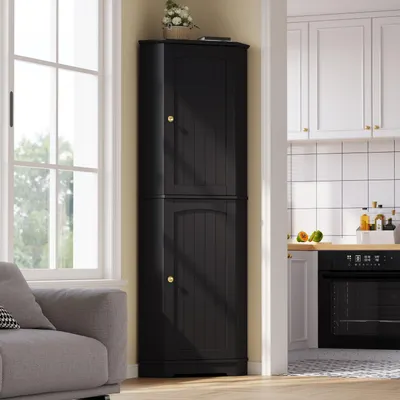Immagine prodotto di Mobiletto angolare MODFU con 2 ante, mobiletto alto 42 x 42 x 166 cm, pensile per cucina dal design verticale, mobiletto contenitore, mobile per soggiorno, colore nero