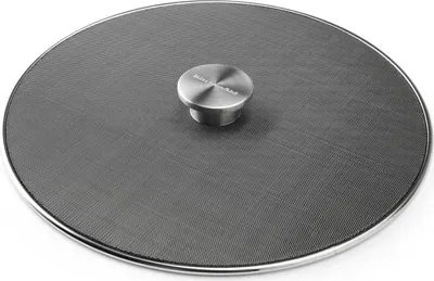 A close-up, overhead view of a round mesh splatter screen with a silver handle in the center.