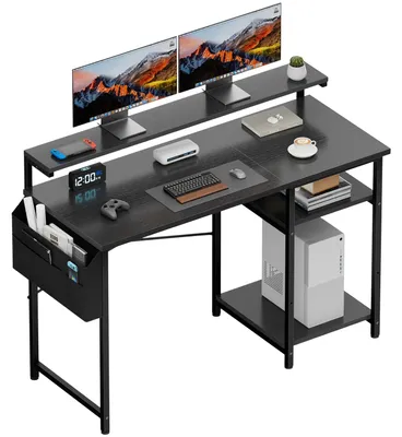 Image de Bureau 120x50 cm - Bureau informatique avec éclairage LED et support pour écran - 2 étagères - Pochette de rangement latérale - Structure métallique - Noir