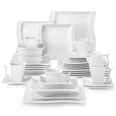Image de 36 pcs. service combiné en porcelaine, service de table avec set d'assiettes, bol à céréales, tasse à café et soucoupe pour 6 personnes, blanc crème