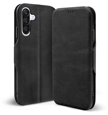 A black leather flip case for a smartphone is shown against a white background.