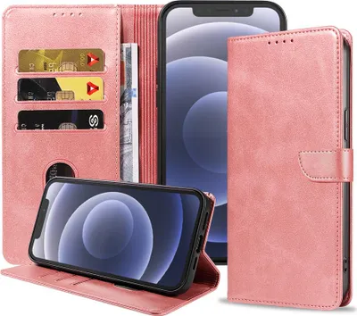 Obrázok produktu pre Vhodné pre iPhone 12/12 Pro Phone Case Faux Leather with Magnetic Lip and Card Holder Book Case with Flap - Pink - Smartphonica