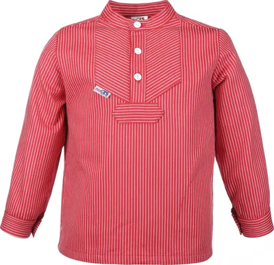 Produktbild von modAS Kinder Fischerhemd Basic Line mit Streifen im Finkenwerder-Stil - Seemann-Hemd mit Stehkragen mit roten Streifen Größe 146-152