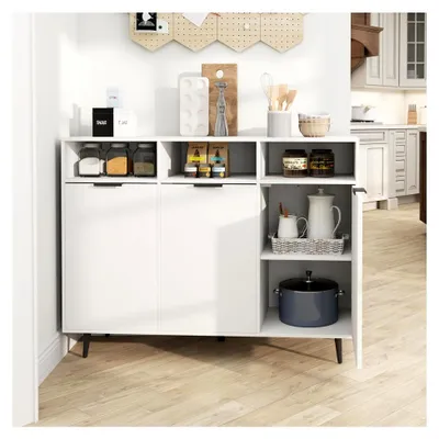 Produktbild von Sideboard mit 3 Türen, Küchenschrank mit höhenverstellbaren Einlegeböden, 3 offenen Fächern und 3 Schränken, freistehender Schrank für Bar, Wohnzimmer und Esszimmer, weiß