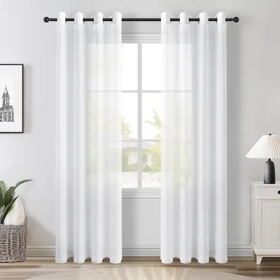 Immagine prodotto di Set di due tende trasparenti bianche, effetto lino, con passanti, dimensioni 140 x 240 cm, ideali per soggiorno, camera da letto o cucina