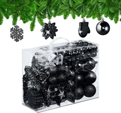 Image de Lot de 100 boules de Noël Relaxdays, pailletées, mates et brillantes, décorations pour sapin, plastique, motifs variés, noir