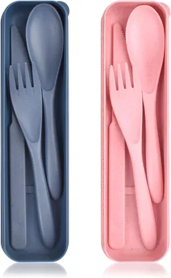 Immagine prodotto di Set di posate in plastica, composto da 2 pezzi, di colore blu e rosa, ideale per campeggio e scuola