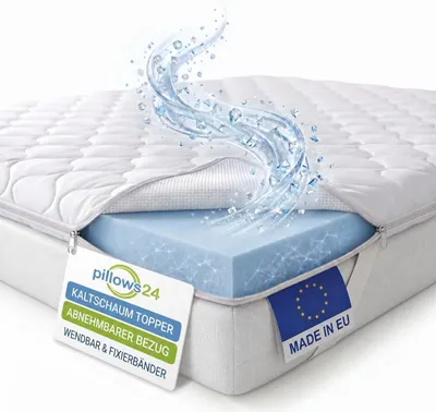 Produktbild von Pillows24 - Topper 160x200cm aus Kaltschaum - 6cm hoch - Matratzentopper mit abnehmbarem Bezug | Wendbar & Fixierbänder | EU
