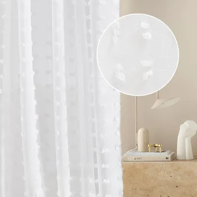 Obrázok produktu pre Elzusha – Záclona s pompomami – Polopriehľadná – 300 x 230 cm – Biela