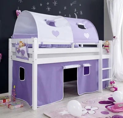 Produktbild von Hochbett ALEX Kinderbett Spielbett Bett Weiß Stoffset Lila/Weiß, Matratze:mit