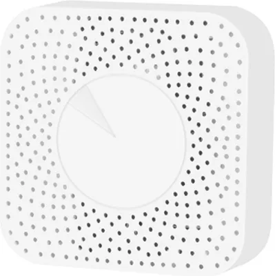 A standalone white smart home device with a perforated casing and a circular indicator on the front.