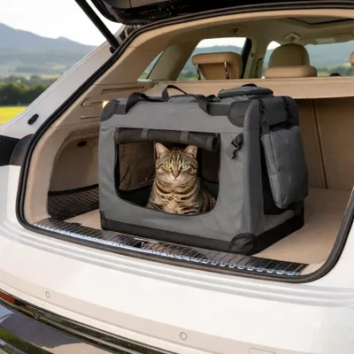 Image de Cage de transport pour chat Belviona, sac de transport léger et solide pour chat, pliable avec fenêtres en filet, coussin intérieur et poches, 60 x 42 x 44 cm, gris foncé