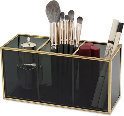 Produktbild von QuickShopping - Make-up Pinselhalter schwarz - Kosmetik-Organizer Glas - Make-up Pinsel Lagerung 18 x 7 x 8 cm - Luxus Make-up Organizer für Zuhause oder Ond