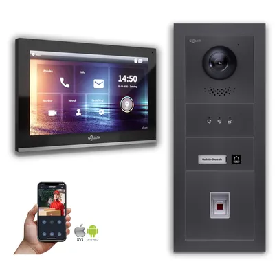 Produktbild von IP Türsprechanlage 1-Monitor Fingerprint Anzeige Anthrazit : 10 Zoll in Schwarz : Aufputzdose : 4er POE