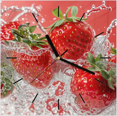 Produktbild von Wanduhr aus Glas mit Motiv Erdbeerspritzer- 30 x 30 cm - inkl. Aufhängesystem