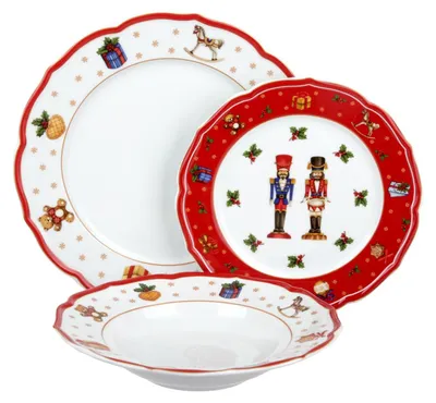 3-teiliges Weihnachts-Tafelset, Porzellan, rot, Soldaten-Motiv