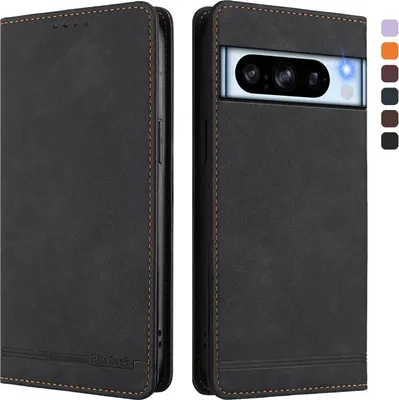 Produktbild von Hülle für Google Pixel 8 Pro, Retro Kunstleder Ständer Klapphülle mit Kartenfächer und Magnetische Schwarz