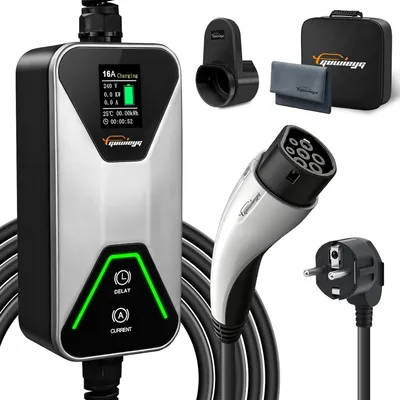 Immagine prodotto di Cavo di ricarica Tipo 2 Schuko, 3,5 kW, 5 m, corrente regolabile 8-16 A, caricabatterie portatile per veicoli elettrici ibridi plug-in (PHEV) e veicoli elettrici, conforme allo standard IEC 62196