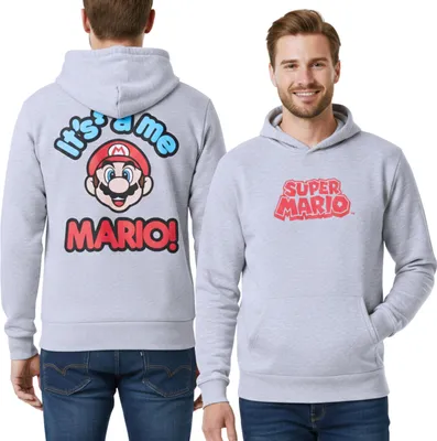 Produktbild von Super Mario Nintendo Herren-Sweatshirt mit Kapuze, graues Hoodie mit Aufdruck, große Tasche M